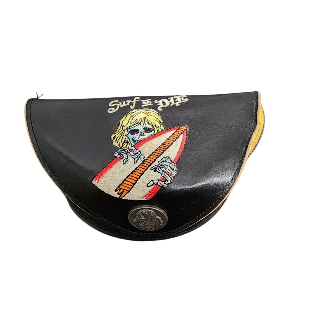 Ed Hardy Surf or Die Skull Sunglasses Case Black Leather Tattoo Y2K Snap‎